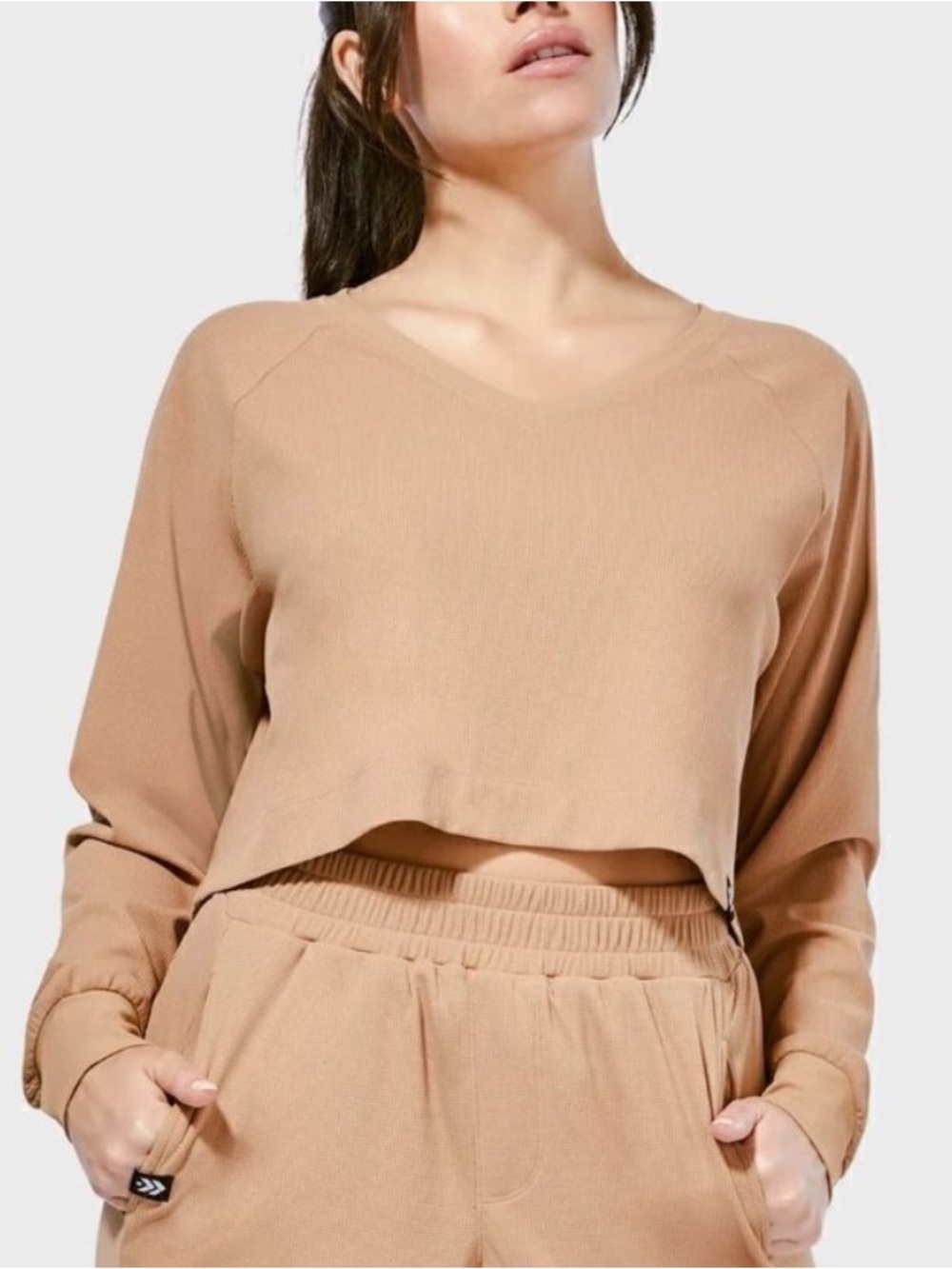 Barry’s Almond Tech Waffle V Neck Top